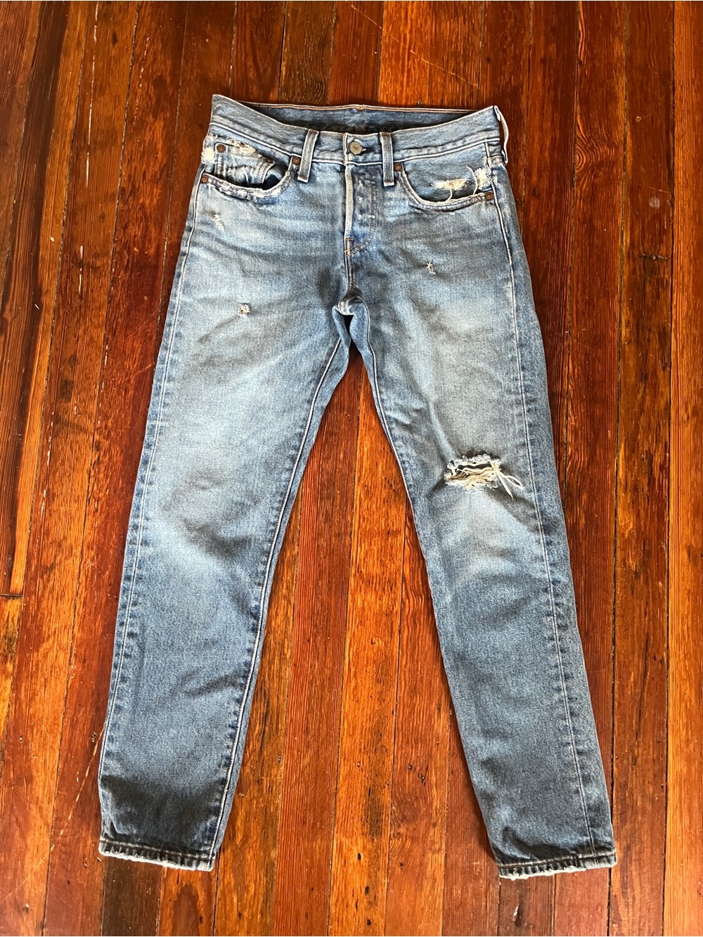 LEVI’S 501 T Buttonfly Tapered Jean Light Wash Distressed Blue